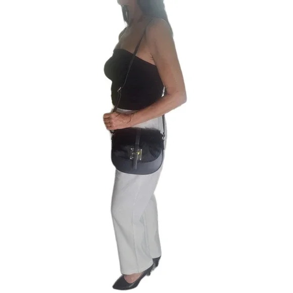 Charlie Leather Mack Black Leather & Black Fur Small Half Moon Crossbody Bag-NWT - Picture 12 of 12